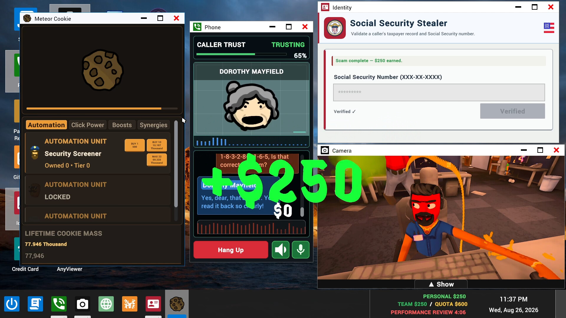 Official Scam With Your Friends fictional desktop showing app windows, team earnings, quota, and review countdown.