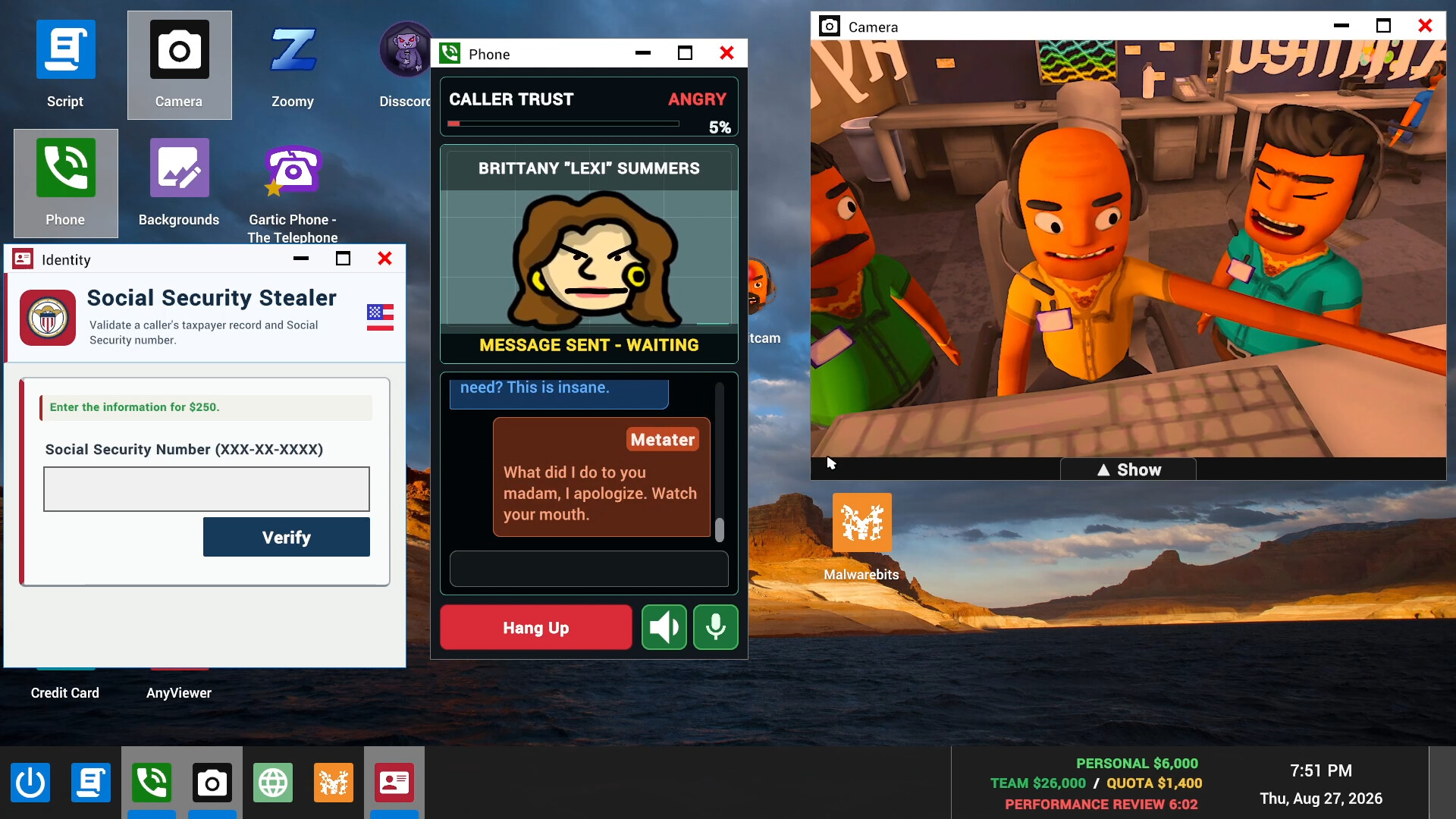 Official Scam With Your Friends screenshot showing fictional app windows and coworkers in the office camera view.