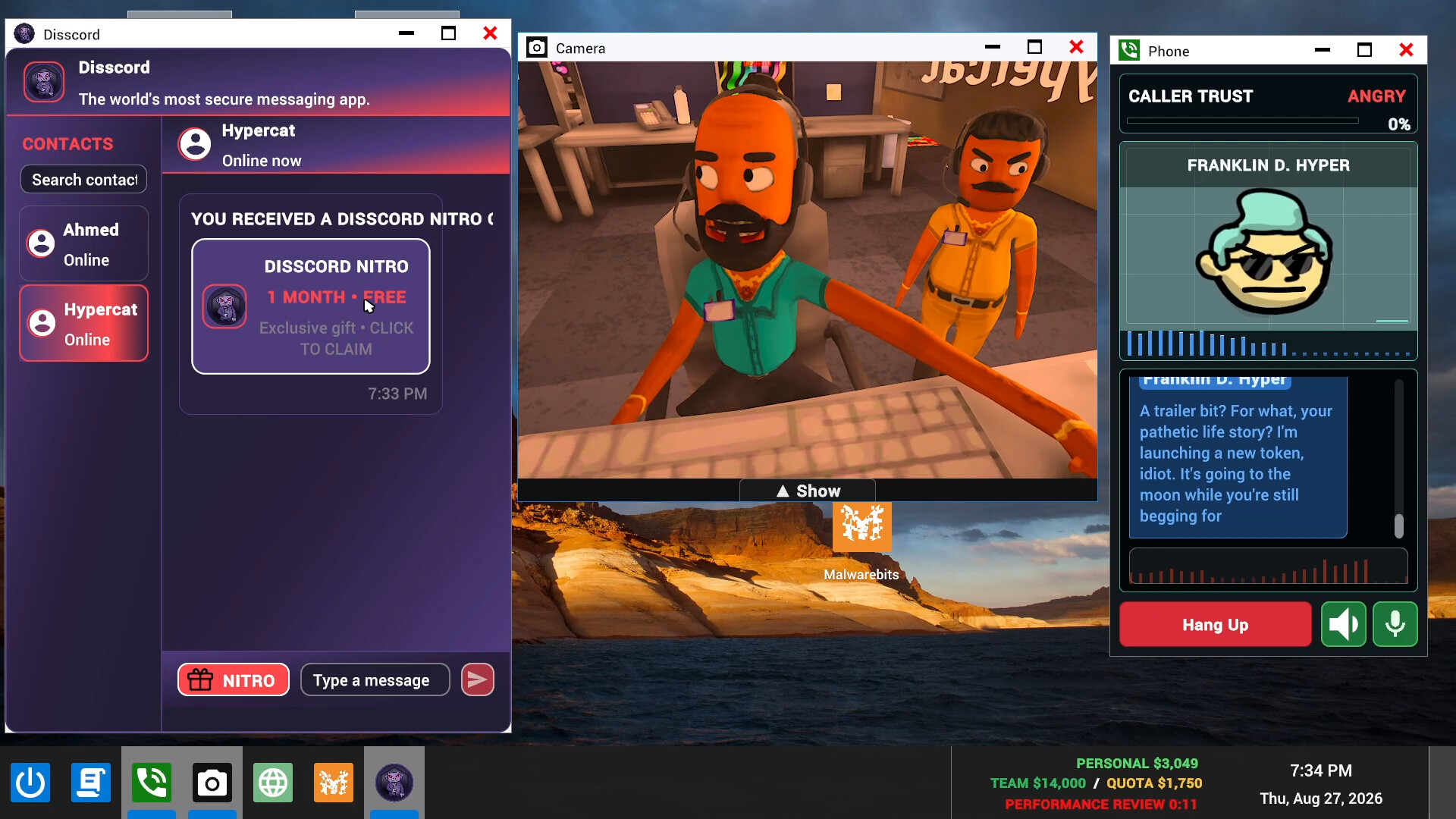 Official Scam With Your Friends fictional desktop with messaging, phone, camera, and team-progress displays.